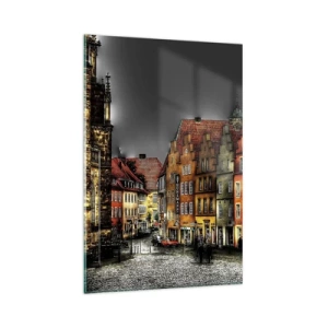 Quadro su vetro - Colorate case popolari su una strada acciottolata nella città storica - 80x120cm - Manca solo la carrozza magica - Decorazione murale moderna per soggiorno e camera da letto ARTTOR