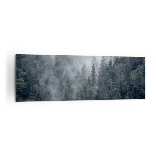 Quadro su tela - Stampe su Tela - Foresta di conifere nebbiosa nei toni del grigio e del verde - 160x50cm - Alba nel bosco - Decorazione murale moderna per soggiorno e camera da letto ARTTOR