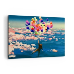 Quadro su tela - Stampe su Tela - Una figura che fluttua sopra le nuvole con palloncini colorati - 100x70cm - Il sogno dell'infanzia realizzato - Decorazione murale moderna per soggiorno e camera da letto ARTTOR