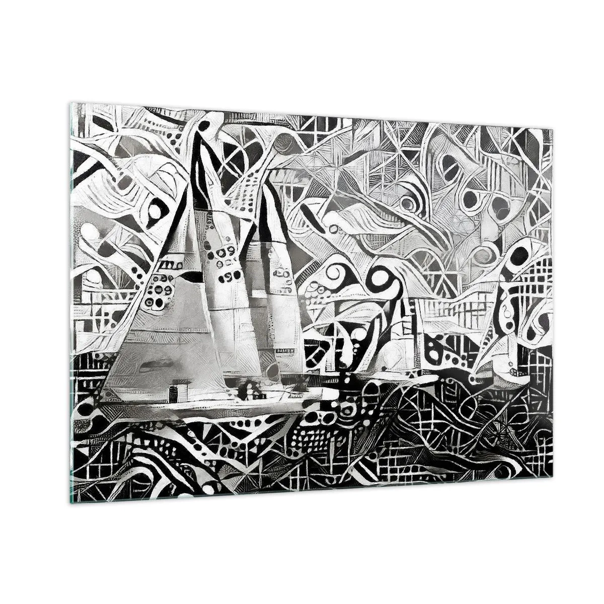 Quadro su vetro - Astrazione in bianco e nero con barche a vela e motivi geometrici - 100x70cm - Tra le onde - Decorazione murale moderna per soggiorno e camera da letto ARTTOR