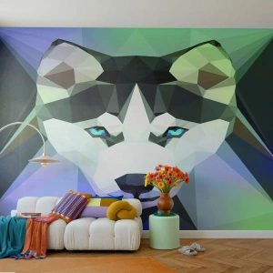 Fotomurali Premium Sand - Lupo geometrico low poly con occhi azzurri - 100x70cm - Ricordo delle nevi del nord - Decorazione murale moderna per soggiorno e camera da letto ARTTOR