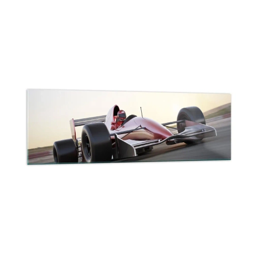 Quadro su vetro - Una macchina rossa di Formula 1 su una pista da corsa mentre guida - 160x50cm - Sempre vincente - Decorazione murale moderna per soggiorno e camera da letto ARTTOR