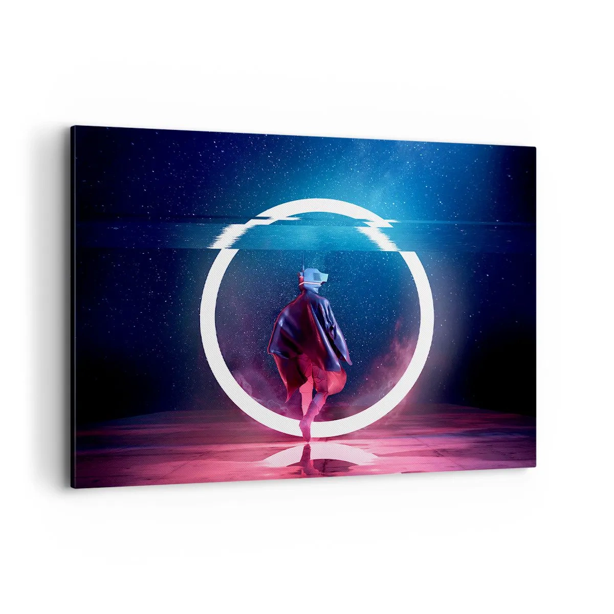 Quadro su tela - Stampe su Tela - Un personaggio in un ambiente futuristico con un cerchio al neon - 100x70cm - Tra due mondi - Decorazione murale moderna per soggiorno e camera da letto ARTTOR