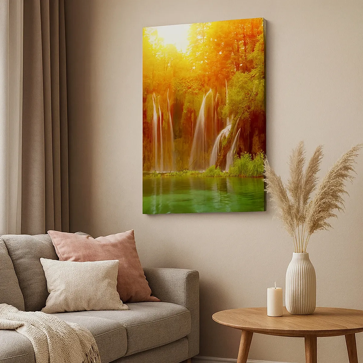 Quadro su tela - Stampe su Tela - Cascate immerse nel verde al chiarore del sole al tramonto - 50x70cm - Al sole e all'ombra - Decorazione murale moderna per soggiorno e camera da letto ARTTOR
