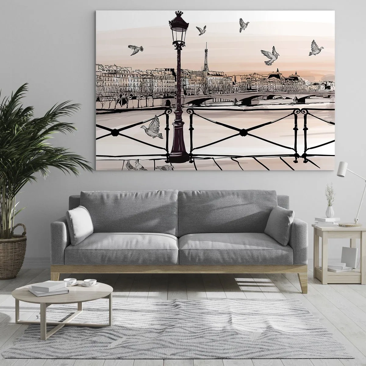 Quadro su vetro - Illustrazione di una strada parigina con vista sulla Torre Eiffel all'alba - 120x80cm - Sui tetti di Parigi - Decorazione murale moderna per soggiorno e camera da letto ARTTOR