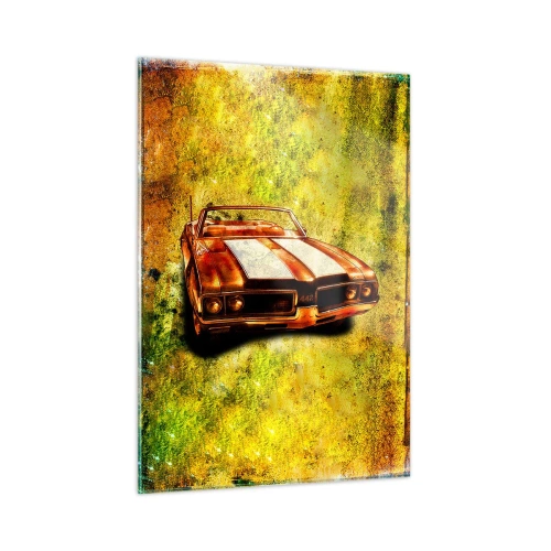 Quadro su vetro - Una decappottabile sportiva d'epoca su uno sfondo artistico - 50x70cm - La potenza racchiusa nelle forme - Decorazione murale moderna per soggiorno e camera da letto ARTTOR