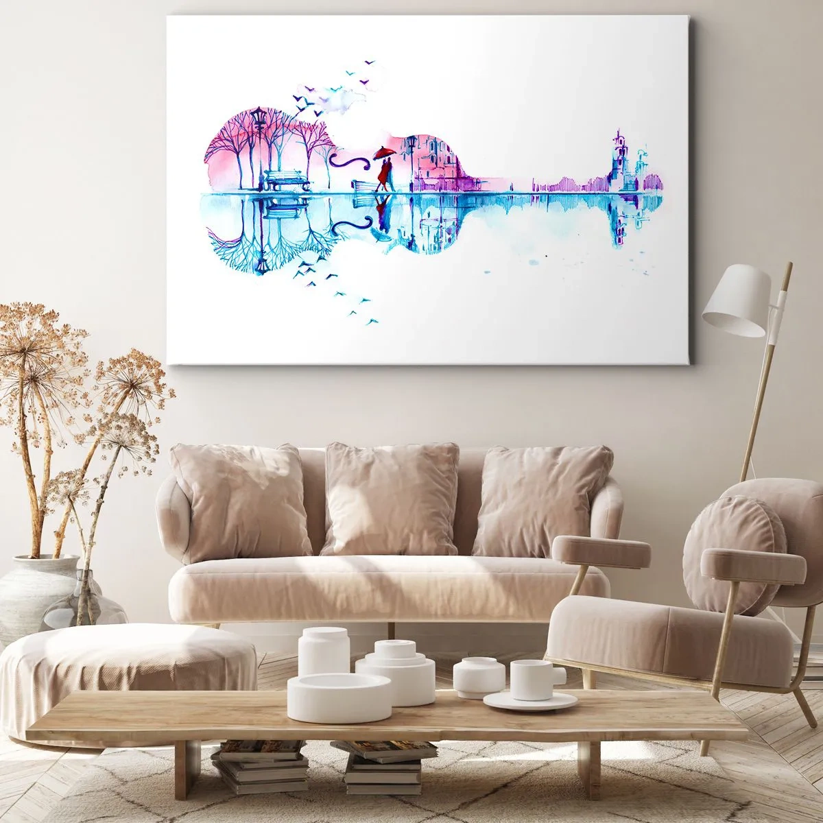 Quadro su tela - Stampe su Tela - Silhouette di città a forma di violino nei colori dell'acquerello - 120x80cm - Vi porto un cantico di pioggia - Decorazione murale moderna per soggiorno e camera da letto ARTTOR