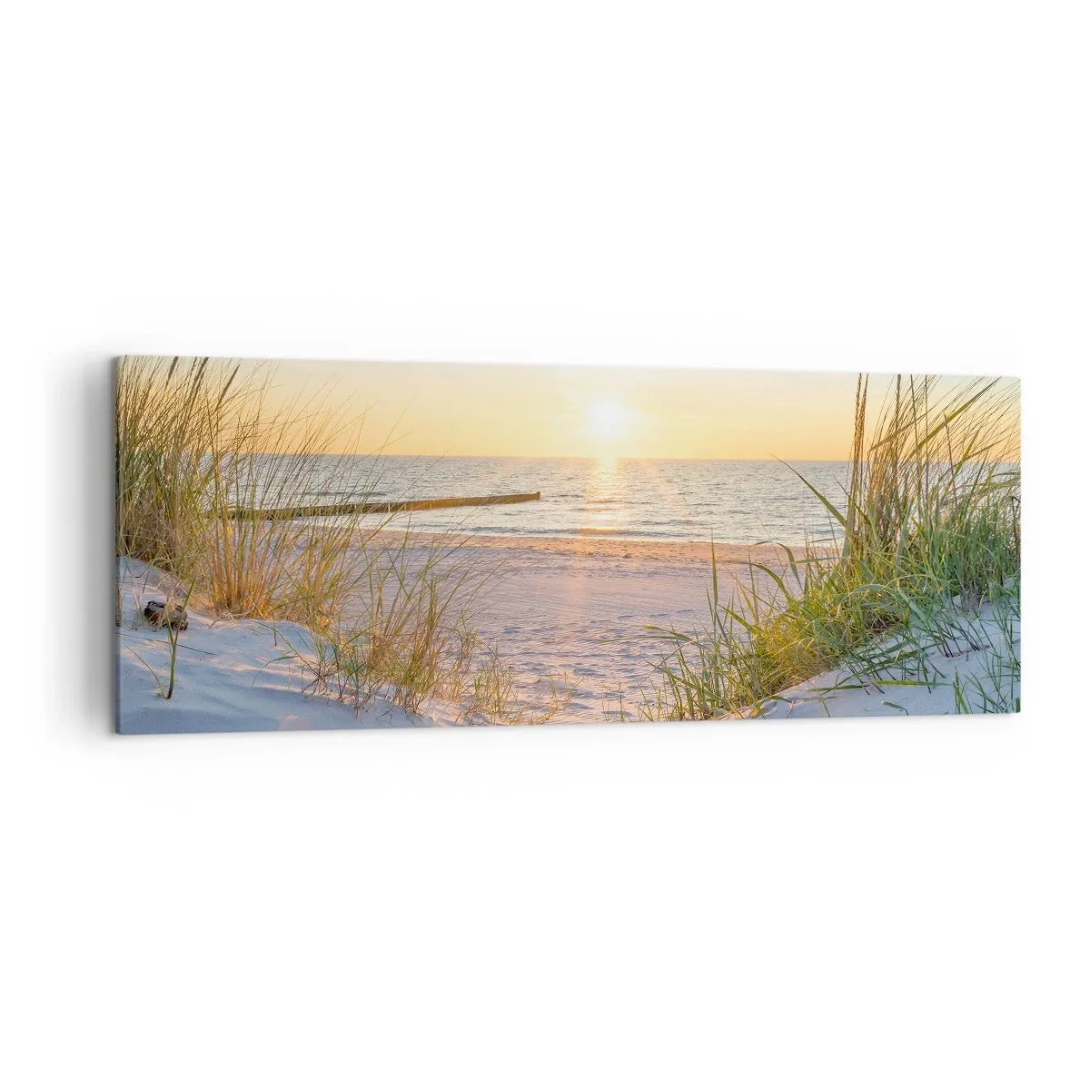 Quadro su tela - Stampe su Tela - Una spiaggia sabbiosa con vista sul tramonto sul mare - 140x50cm - Rumore del mare, uccelli che cantano, spiaggia selvatica tra i cespugli... - Decorazione murale moderna per soggiorno e camera da letto ARTTOR