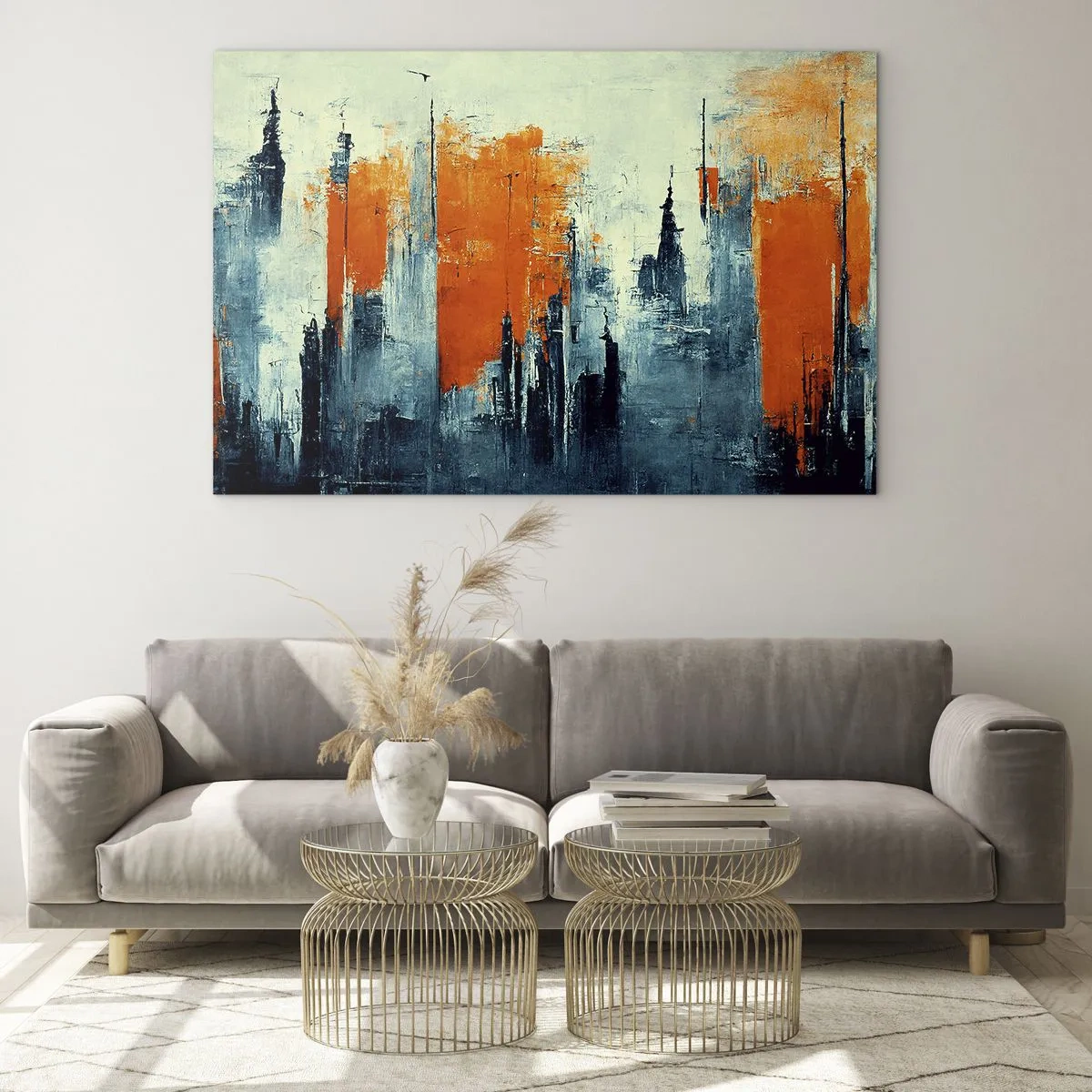 Quadro su vetro - Un panorama urbano moderno nei toni del grigio e dell'arancione - 70x50cm - Paesaggio moderno - Decorazione murale moderna per soggiorno e camera da letto ARTTOR