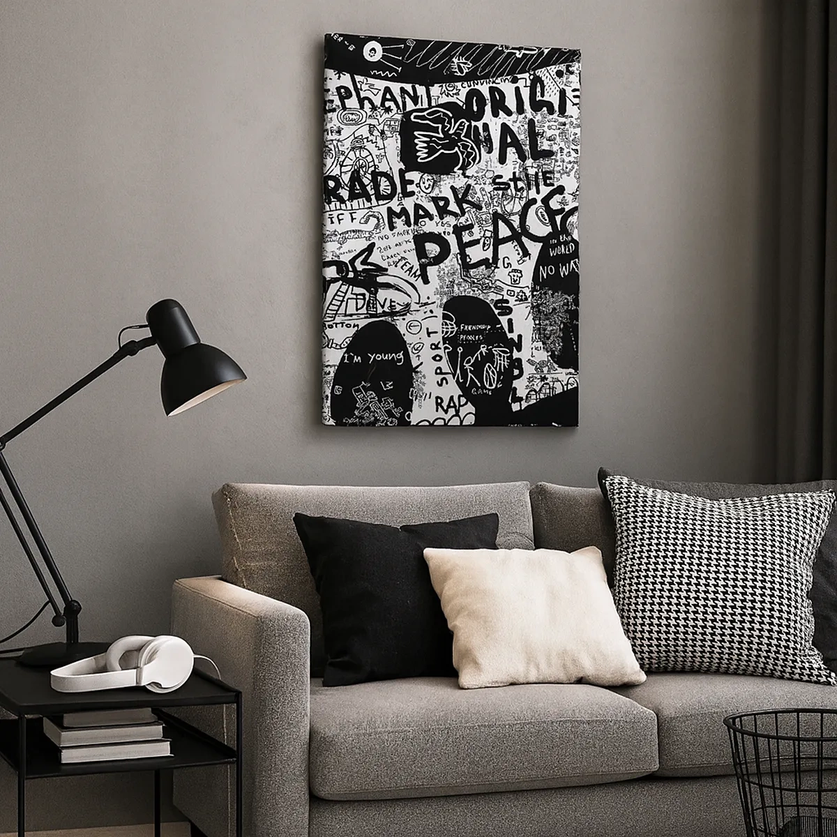 Quadro su tela - Stampe su Tela - Grafica in bianco e nero con motivi graffiti - 50x70cm - Il ricco mondo della strada - Decorazione murale moderna per soggiorno e camera da letto ARTTOR