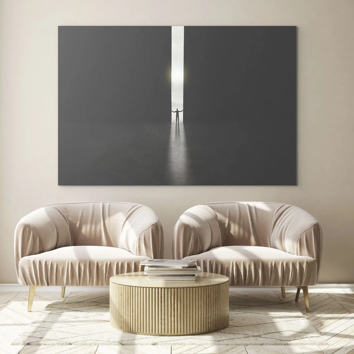 Quadro su vetro - Sagoma di un uomo che apre una porta verso una luce intensa - 70x50cm - Un passo verso un chiaro futuro - Decorazione murale moderna per soggiorno e camera da letto ARTTOR