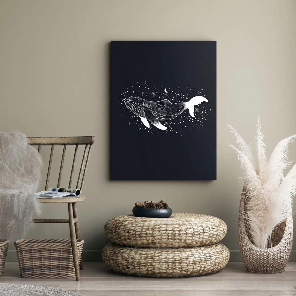 Quadro su tela - Stampe su Tela - Illustrazione grafica di una balena in stile spaziale. - 50x70cm - Nell'oceano dell'universo - Decorazione murale moderna per soggiorno e camera da letto ARTTOR