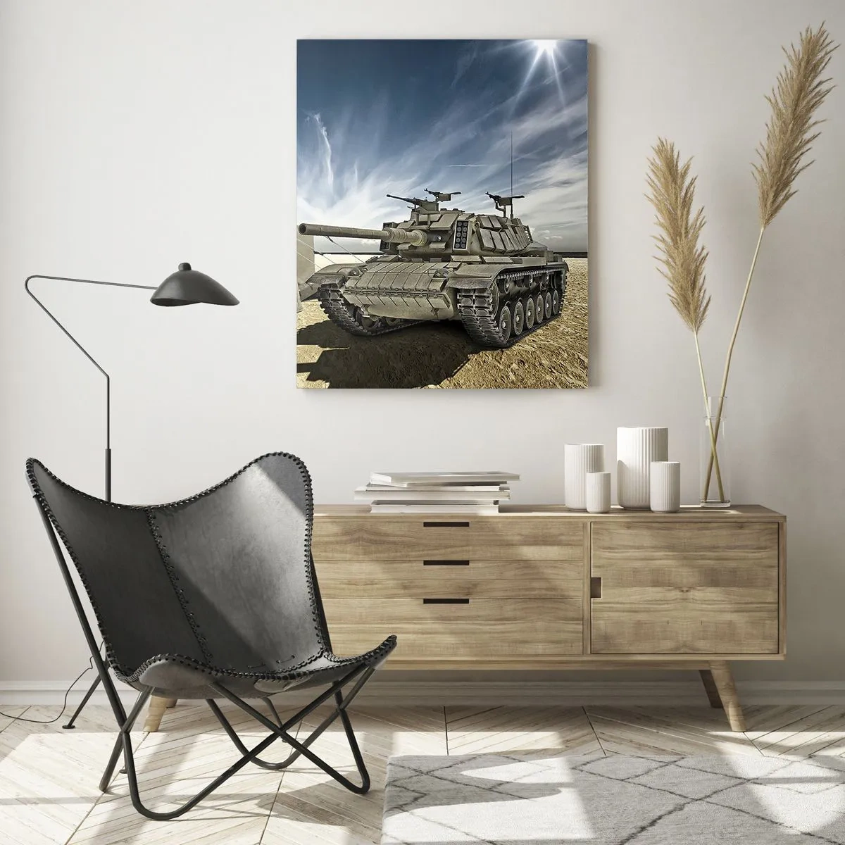 Quadro su vetro - Un carro armato accanto a una tenda militare in una zona desertica - 80x120cm - Sogno militare - Decorazione murale moderna per soggiorno e camera da letto ARTTOR
