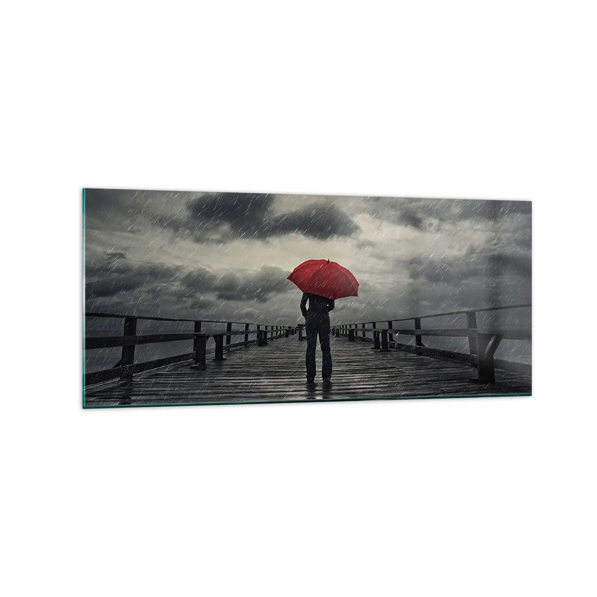 Quadro su vetro - Una persona con un ombrello rosso su un molo piovoso - 120x50cm - Non importa che piove - Decorazione murale moderna per soggiorno e camera da letto ARTTOR