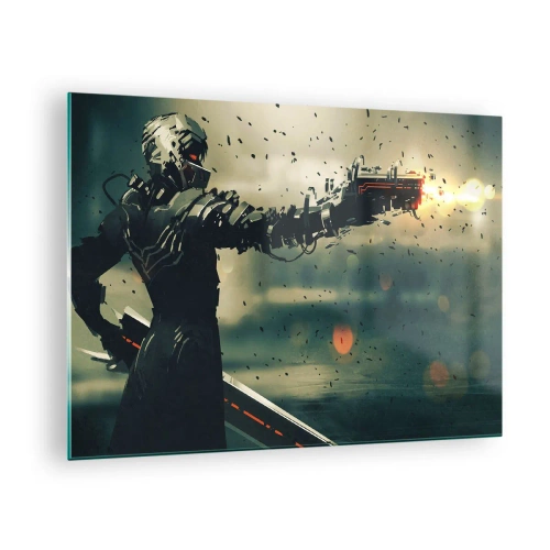 Quadro su vetro - Un cyberguerriero in stile futuristico con armi energetiche - 70x50cm - L'arma assassina: il tuo Terminator - Decorazione murale moderna per soggiorno e camera da letto ARTTOR