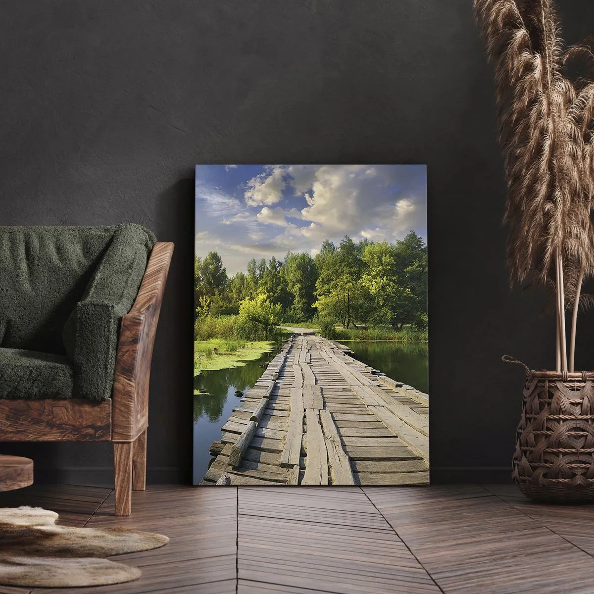 Quadro su tela - Stampe su Tela - Un paesaggio pittoresco con un ponte e un cigno - 50x70cm - Estate, estate ovunque - Decorazione murale moderna per soggiorno e camera da letto ARTTOR