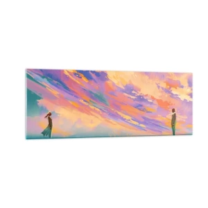 Quadro su vetro - Una scena dinamica con figure contro un cielo colorato al tramonto - 140x50cm - Forza di attrazione - Decorazione murale moderna per soggiorno e camera da letto ARTTOR