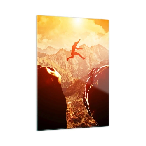 Quadro su vetro - Saltare un abisso in un paesaggio montano al tramonto - 50x70cm - Superare i confini - Decorazione murale moderna per soggiorno e camera da letto ARTTOR