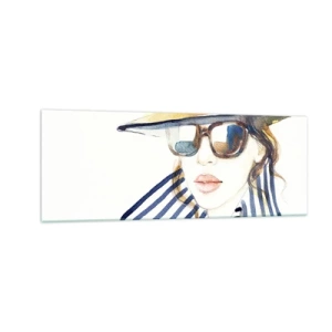 Quadro su vetro - Ritratto di una donna con cappello e occhiali da sole - 140x50cm - La Florida dà il benvenuto! - Decorazione murale moderna per soggiorno e camera da letto ARTTOR