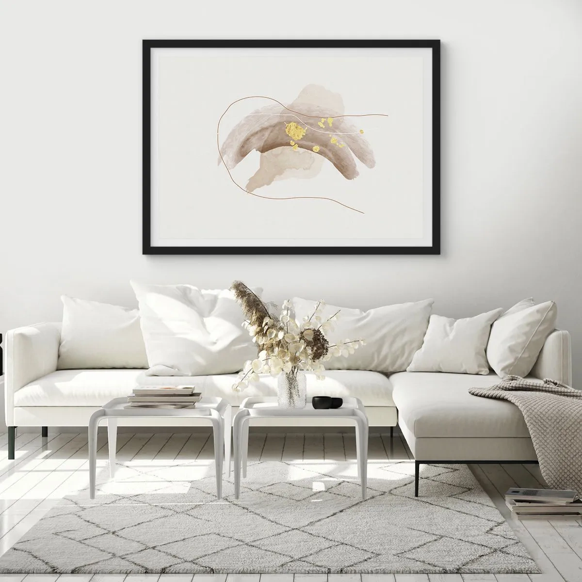 Poster in cornice nera - Una composizione astratta nei toni del beige e dell'oro. - 100x70cm - Incontro nello spazio - Decorazione murale moderna per soggiorno e camera da letto ARTTOR