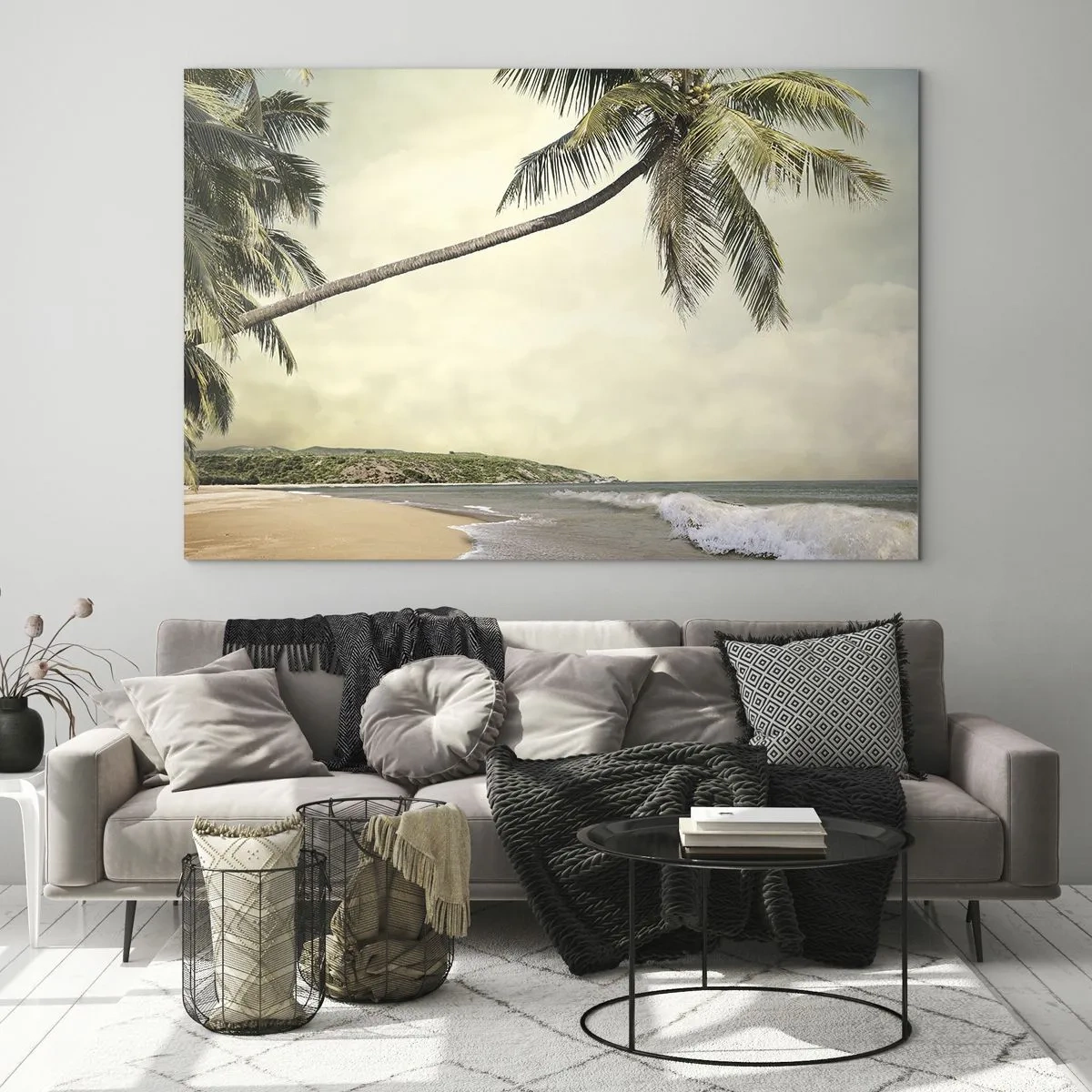 Quadro su vetro - Spiaggia tropicale con palme e onde - 70x50cm - Sogno tropicale - Decorazione murale moderna per soggiorno e camera da letto ARTTOR