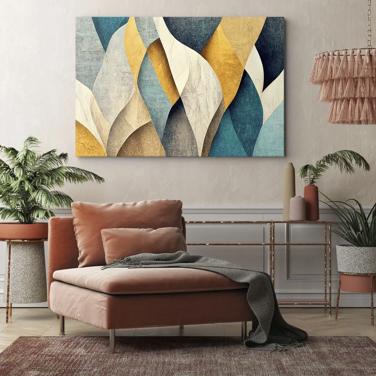 Quadro su tela - Stampe su Tela - Onde astratte nei toni del blu e dell'oro - 70x50cm - Ritmo e ondulazioni - Decorazione murale moderna per soggiorno e camera da letto ARTTOR