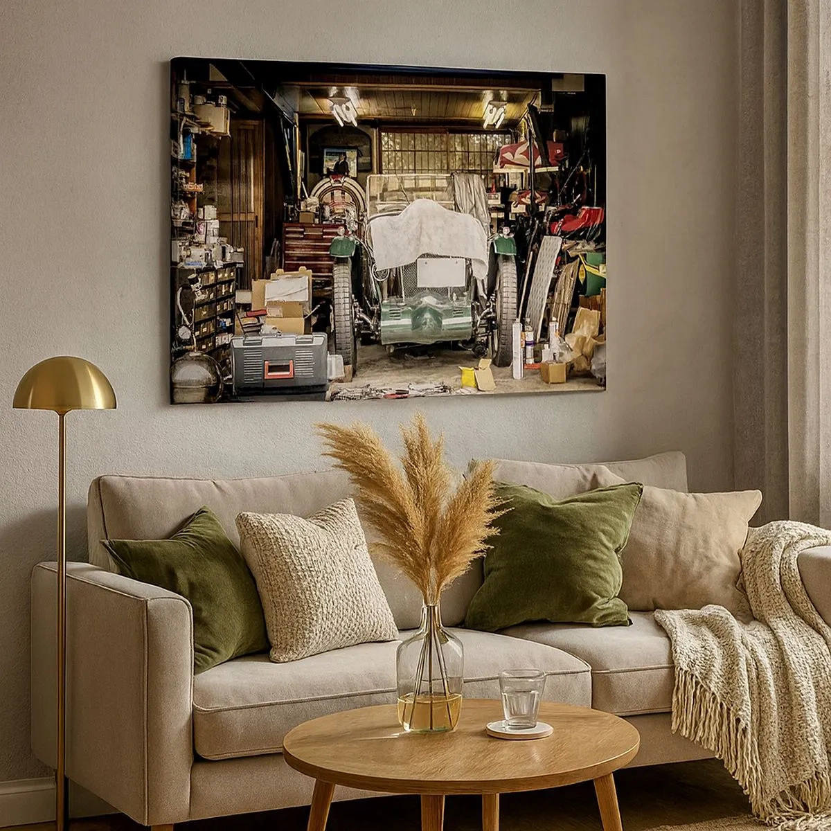 Quadro su tela - Stampe su Tela - Una vecchia auto in un garage circondata da attrezzi e attrezzature - 70x50cm - Ritorno al passato - Decorazione murale moderna per soggiorno e camera da letto ARTTOR