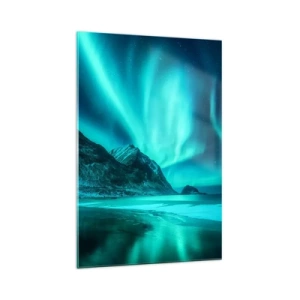 Quadro su vetro - Aurora boreale su un paesaggio invernale montuoso - 70x100cm - Miracolo del Nord - Decorazione murale moderna per soggiorno e camera da letto ARTTOR
