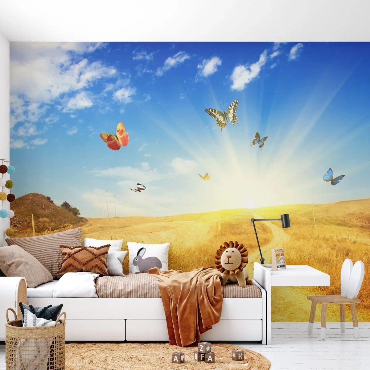 Fotomurali Standard Eco - Farfalle su una strada sterrata all'alba - 100x70cm - Come non amare l'estate? - Decorazione murale moderna per soggiorno e camera da letto ARTTOR