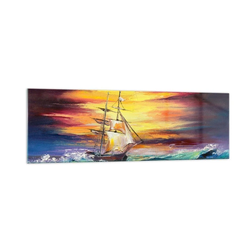 Quadro su vetro - Una nave a vela sullo sfondo di un tramonto colorato - 160x50cm - Temerari sulle onde - Decorazione murale moderna per soggiorno e camera da letto ARTTOR