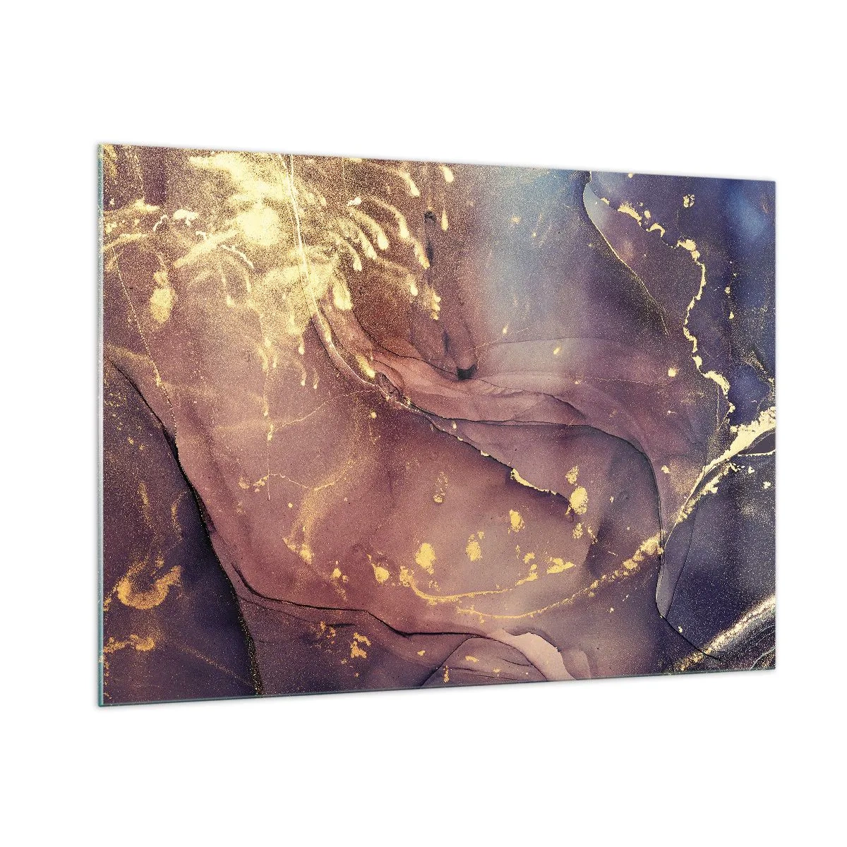Quadro su vetro - Una composizione astratta con macchie e struttura viola e oro. - 100x70cm - Materia e spirito - Decorazione murale moderna per soggiorno e camera da letto ARTTOR