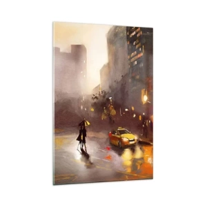 Quadro su vetro - Una scena urbana notturna alla luce dei lampioni e dei riflessi su una strada bagnata. - 80x120cm - Nelle luci di New York - Decorazione murale moderna per soggiorno e camera da letto ARTTOR