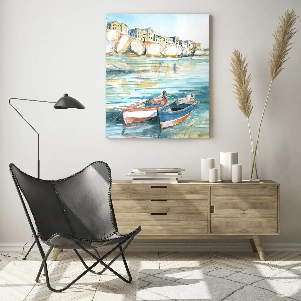 Quadro su vetro - Un pittoresco paesaggio costiero con barche sull'acqua - 80x120cm - Paesaggio in azzurro - Decorazione murale moderna per soggiorno e camera da letto ARTTOR