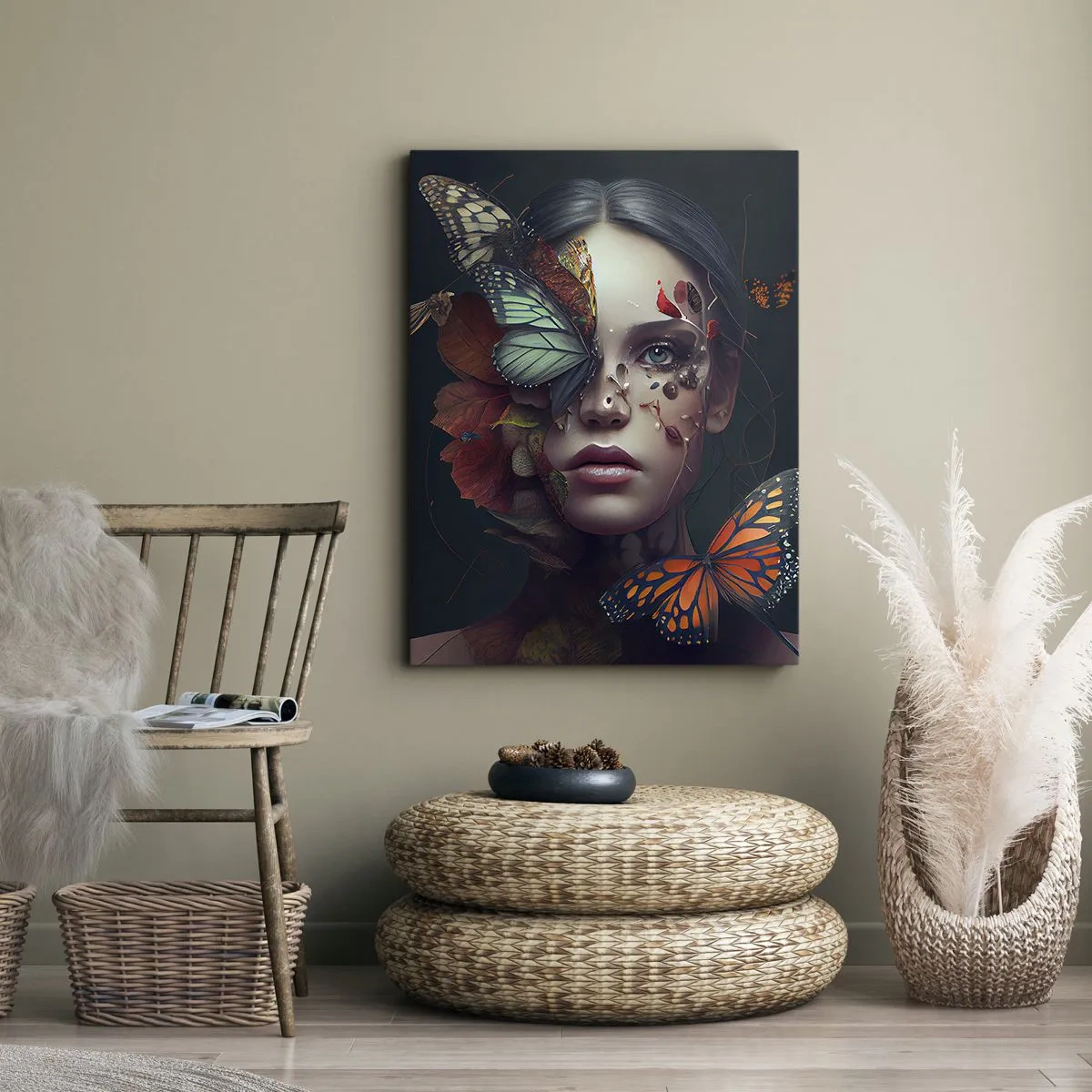 Quadro su tela - Stampe su Tela - Ritratto di donna con farfalle ed elementi vegetali - 50x70cm - Metamorfosi fantastica - Decorazione murale moderna per soggiorno e camera da letto ARTTOR