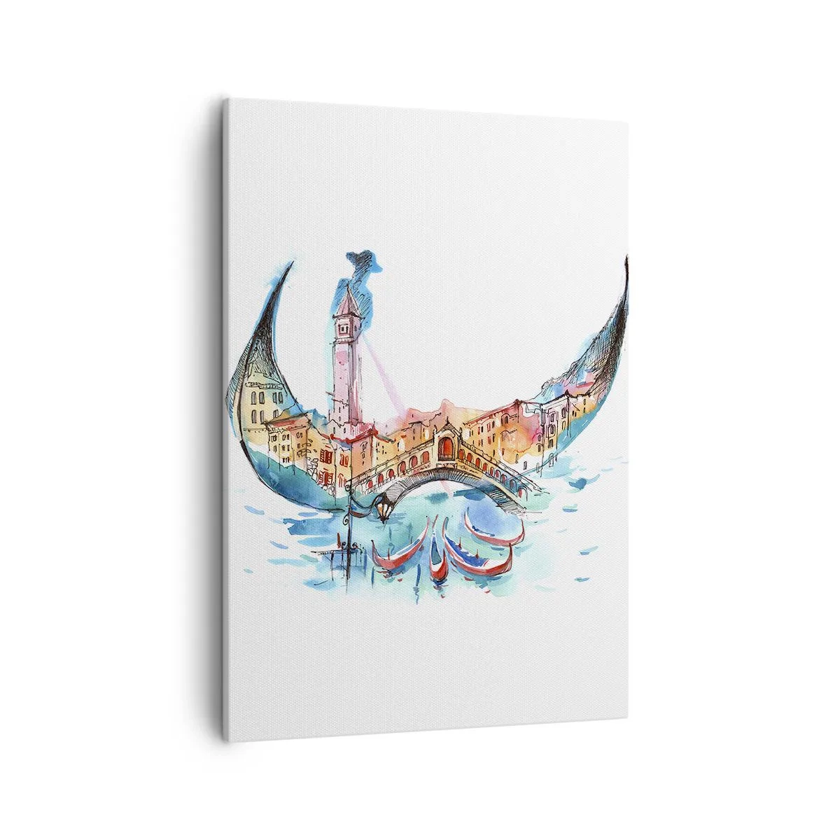 Quadro su tela - Stampe su Tela - Una composizione ad acquerello di Venezia a forma di gondola - 50x70cm - Navighiamo dentro la città - Decorazione murale moderna per soggiorno e camera da letto ARTTOR