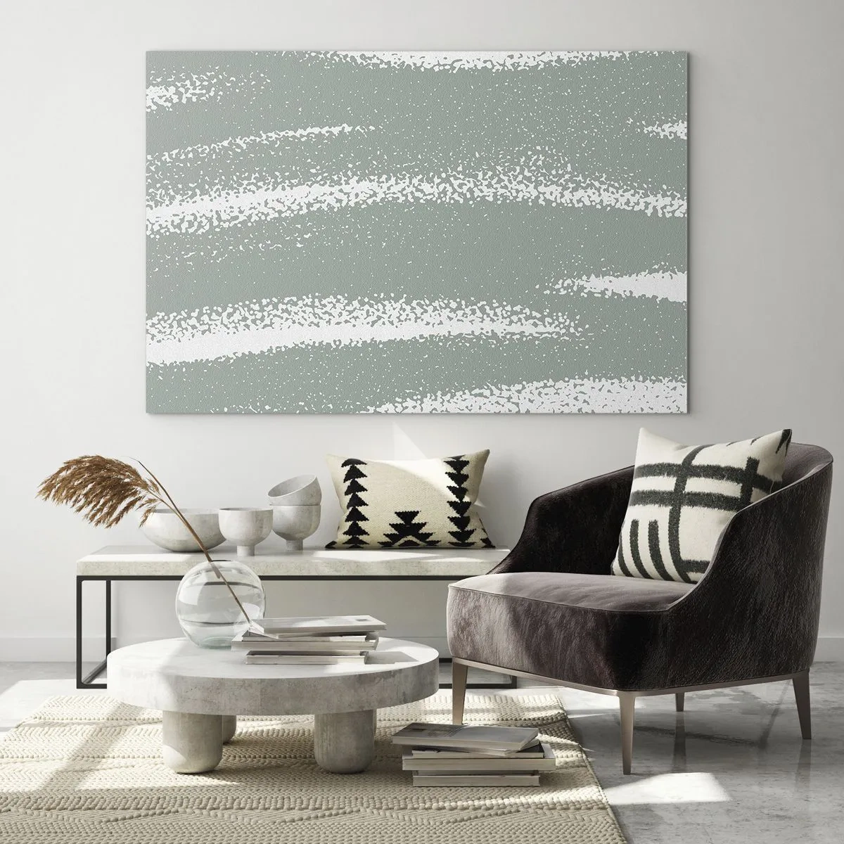 Quadro su vetro - Strisce bianche su uno sfondo verde freddo - 120x80cm - Astrazione in clima invernale - Decorazione murale moderna per soggiorno e camera da letto ARTTOR