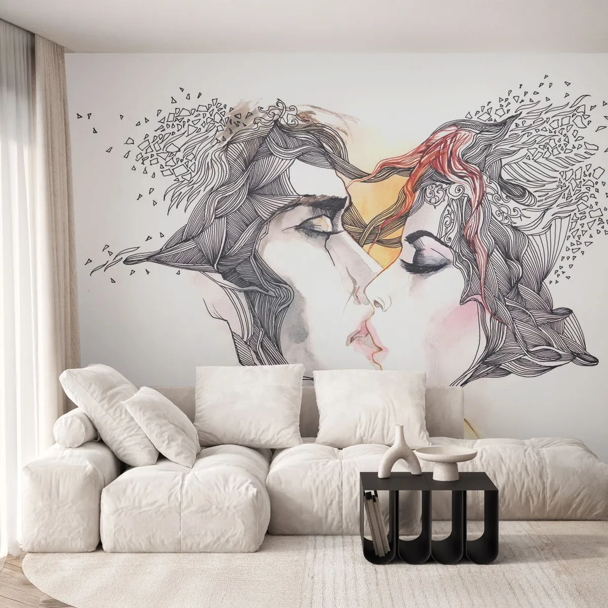 Fotomurali Premium Canvas - E il mondo scompare - Astrazione, Coppia di innamorati, Bacio - 200x140 cm