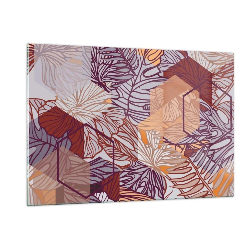 Quadro su vetro - Foglie grafiche su uno sfondo di forme geometriche - 120x80cm - Legame impossibile di geometria e natura - Decorazione murale moderna per soggiorno e camera da letto ARTTOR