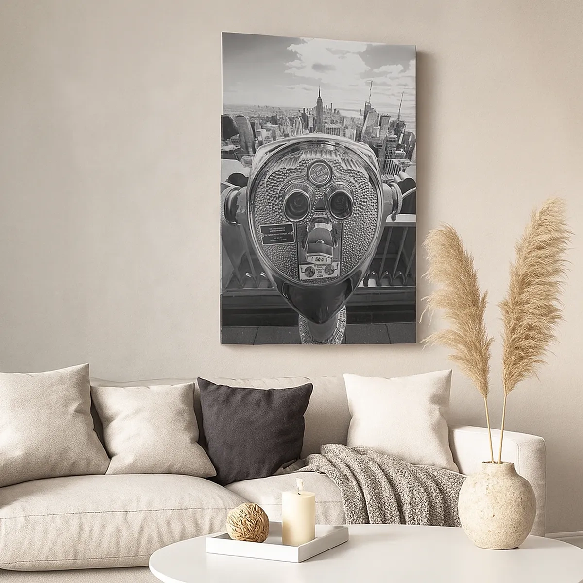 Quadro su tela - Stampe su Tela - Vista monocromatica attraverso il telescopio del panorama della città - 50x70cm - Il centro del mondo - Decorazione murale moderna per soggiorno e camera da letto ARTTOR