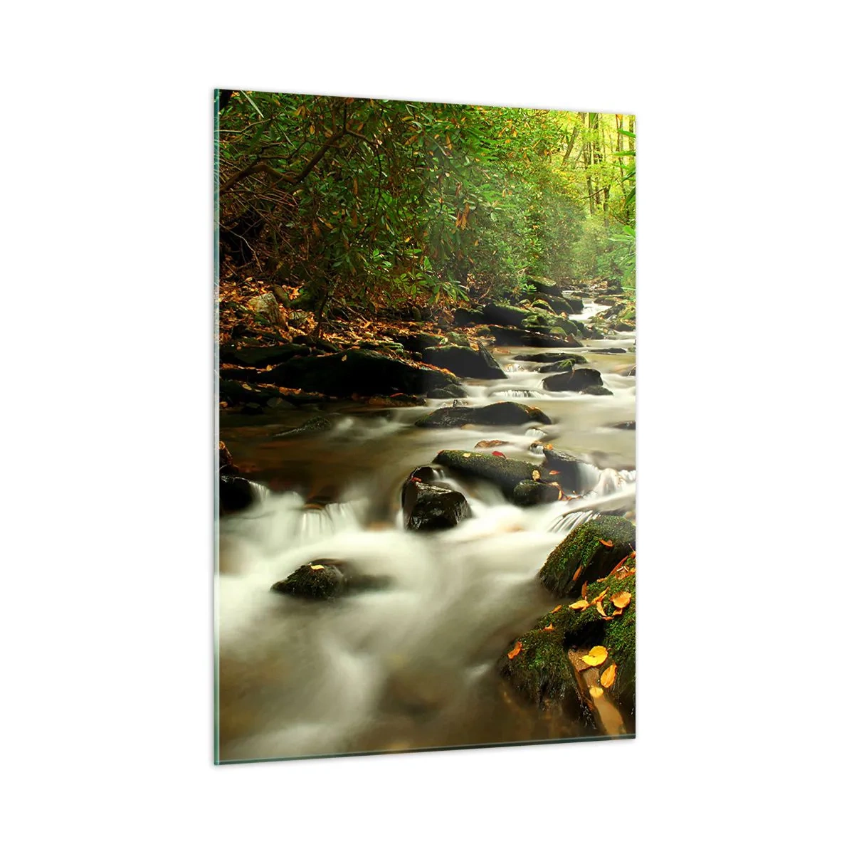 Quadro su vetro - Un ruscello nella foresta circondato da pietre e foglie - 50x70cm - Come argento liquido - Decorazione murale moderna per soggiorno e camera da letto ARTTOR