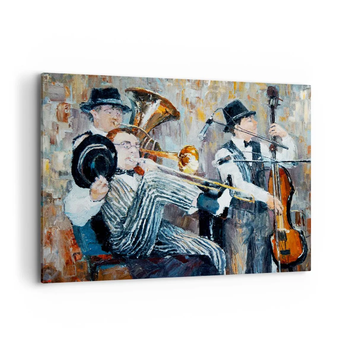 Quadro su tela - Stampe su Tela - Musicisti jazz in stile pittorico durante un concerto - 100x70cm - Tutto il jazz - Decorazione murale moderna per soggiorno e camera da letto ARTTOR