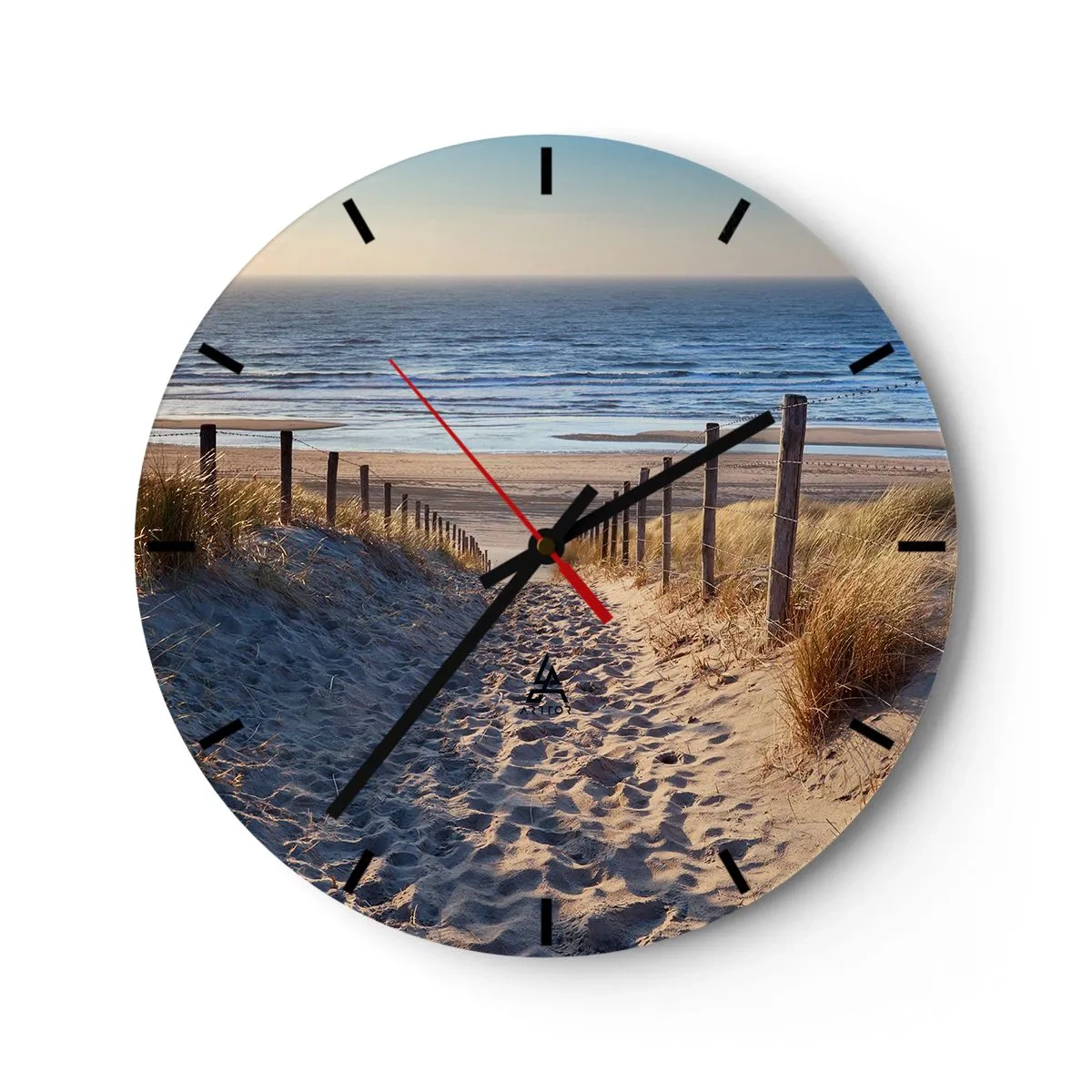 Orologio da parete - Orologio in Vetro - Un sentiero tra le dune che conduce alla spiaggia con vista mare - 30x30cm - Rumore del mare, uccelli che cantano, spiaggia selvatica tra i cespugli…