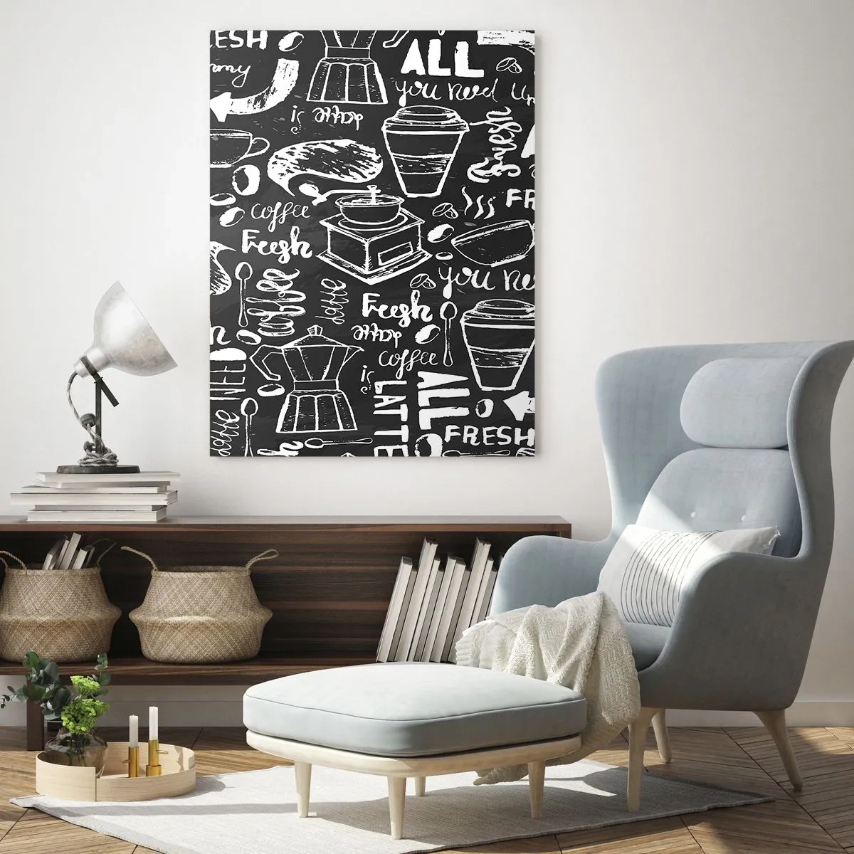 Quadro su vetro - Grafica e scritte a tema caffè su sfondo nero in stile retrò - 50x70cm - All you need is… - Decorazione murale moderna per soggiorno e camera da letto ARTTOR