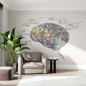 Fotomurali Premium Sand - Illustrazione artistica di un cervello con fumetti - 100x70cm - L'uomo: un grande mistero - Decorazione murale moderna per soggiorno e camera da letto ARTTOR