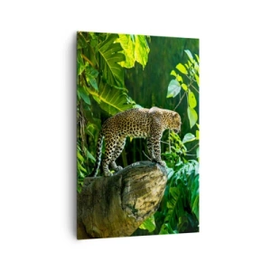 Quadro su tela - Stampe su Tela - Un leopardo in piedi su una roccia circondato da vegetazione tropicale - 80x120cm - A caccia? - Decorazione murale moderna per soggiorno e camera da letto ARTTOR
