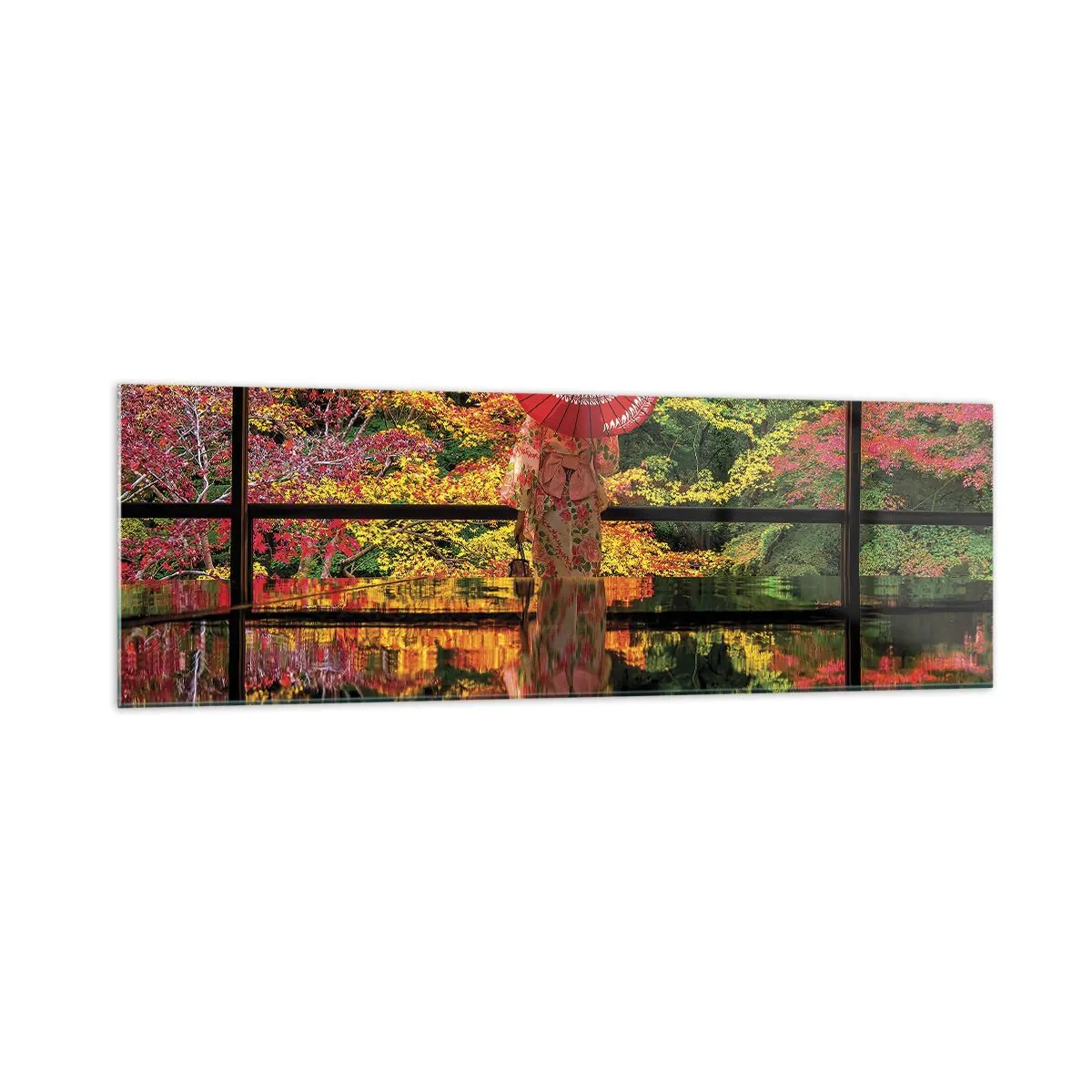 Quadro su vetro - Una donna in kimono con un ombrello sullo sfondo di un paesaggio autunnale. - 160x50cm - Nel tempio della natura - Decorazione murale moderna per soggiorno e camera da letto ARTTOR