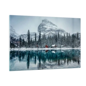 Quadro su vetro - Paesaggio invernale con montagne, foreste e cottage sul lago - 120x80cm - Rifugio canadese - Decorazione murale moderna per soggiorno e camera da letto ARTTOR