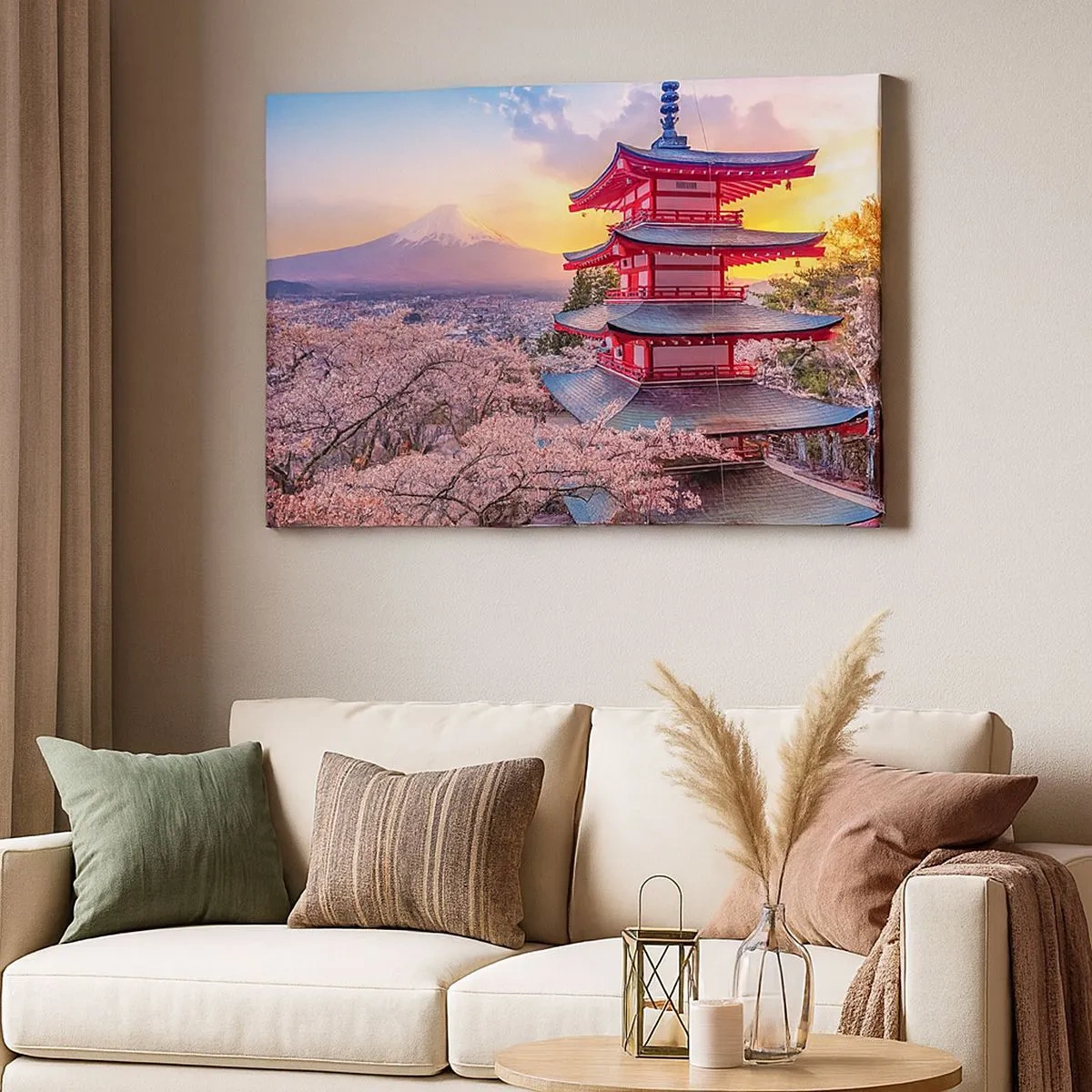 Quadro su tela - Stampe su Tela - Una pagoda in Giappone con fiori di ciliegio e il Monte Fuji - 70x50cm - L'essenza dell'anima giapponese - Decorazione murale moderna per soggiorno e camera da letto ARTTOR