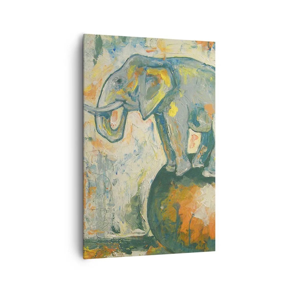 Quadro su tela - Stampe su Tela - Un elefante in equilibrio su una palla in stile artistico - 80x120cm - Evviva il circo! - Decorazione murale moderna per soggiorno e camera da letto ARTTOR
