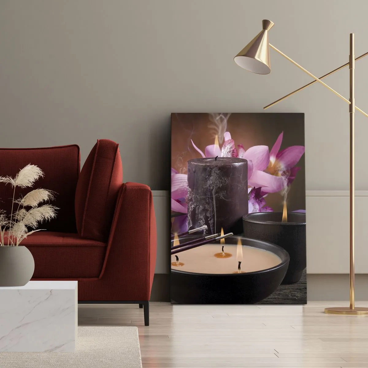 Quadro su tela - Stampe su Tela - Statuetta di Buddha con candele accese e bastoncini di incenso - 70x100cm - Purificare la mente, calmare il corpo - Decorazione murale moderna per soggiorno e camera da letto ARTTOR